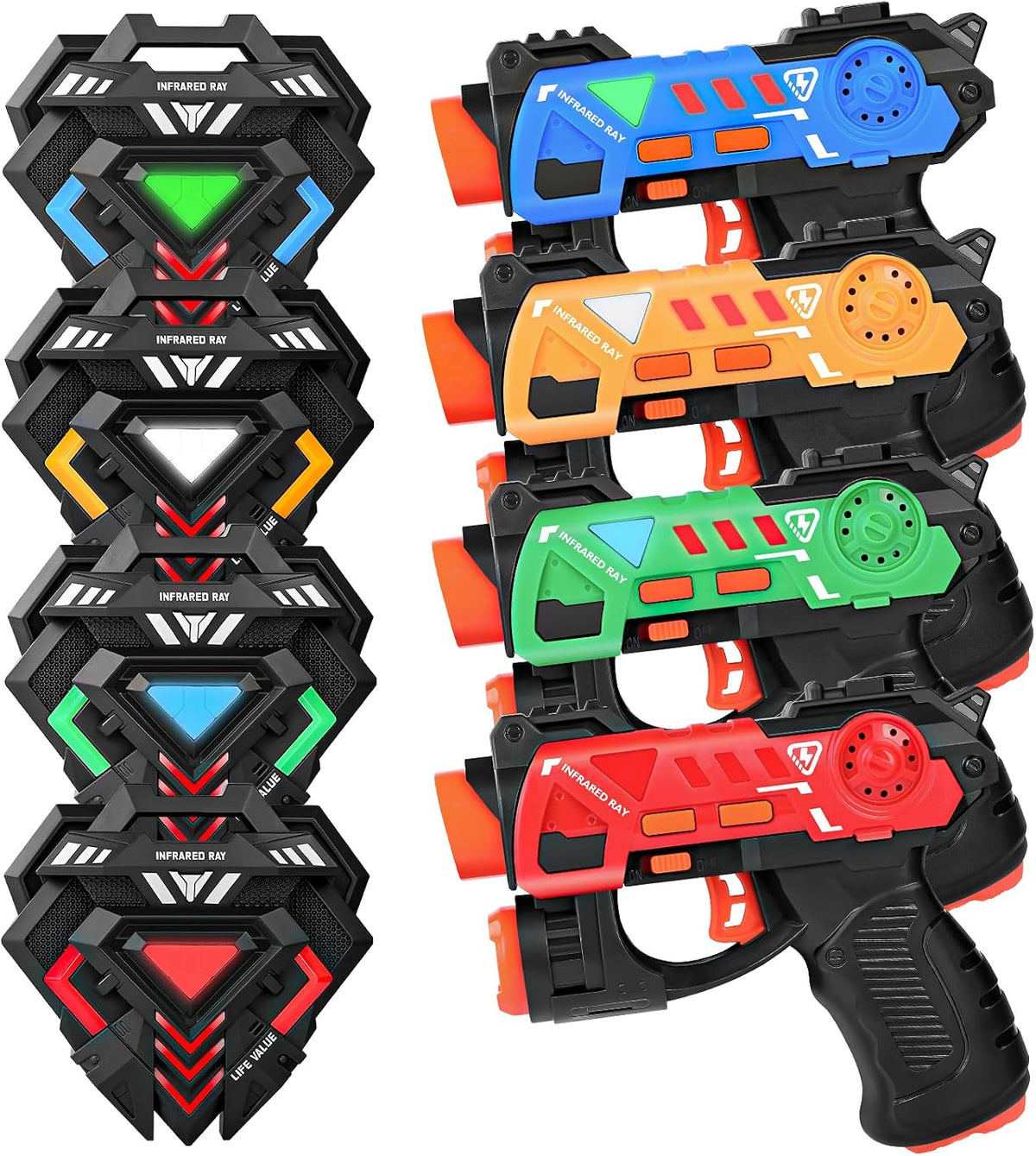 4 pistolas de infrarrojos y 4 chalecos en azul, naranja, verde y rojo