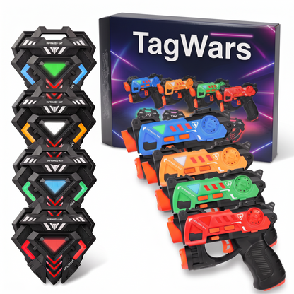 Set TagWars de láser tag: 4 pistolas, 4 chalecos y su caja