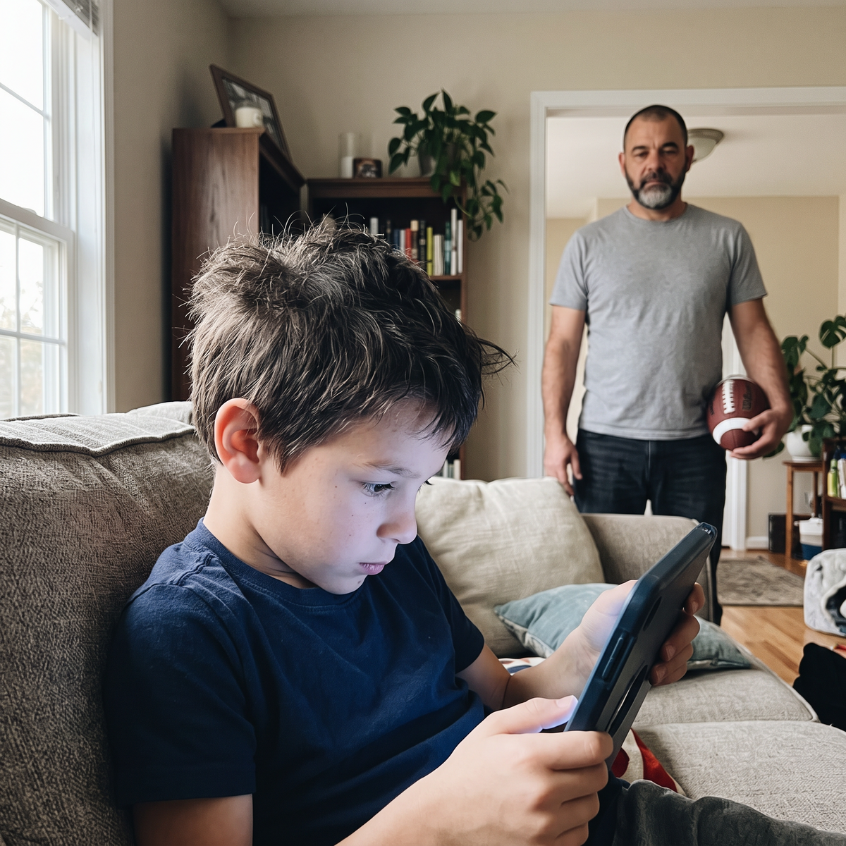 Niño absorto en la tablet mientras su padre espera para jugar