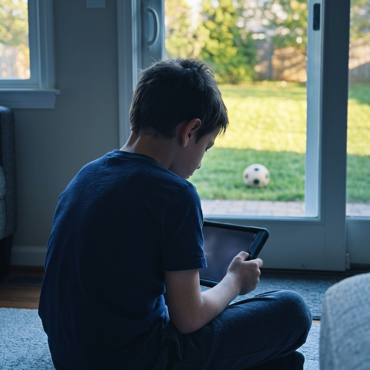 Niño solo con la tablet mientras el jardín está vacío