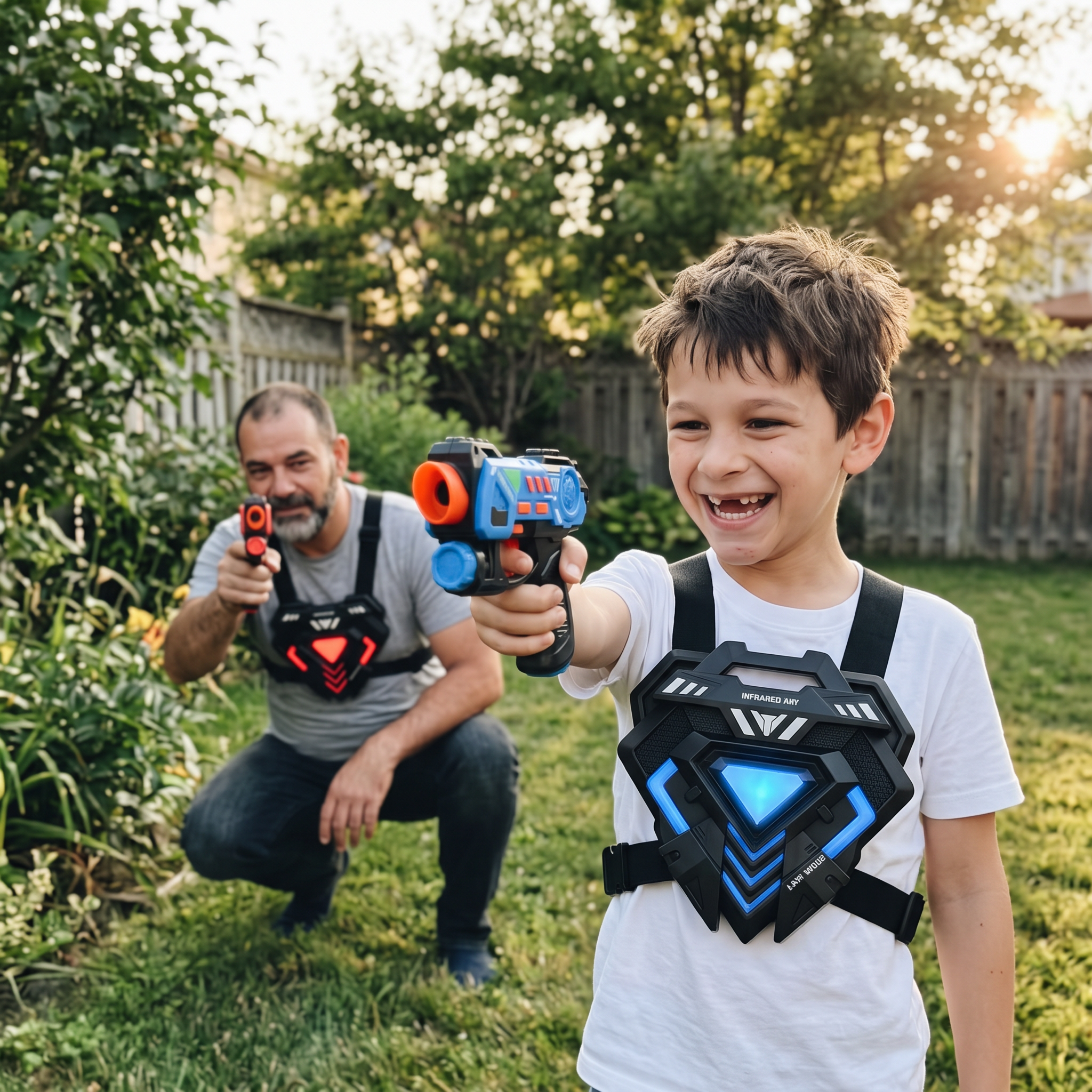Padre e hijo jugando al láser tag en el jardín